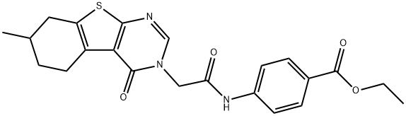 ethyl 4-{[(7-methyl-4-oxo-5,6,7,8-tetrahydro[1]benzothieno[2,3-d]pyrimidin-3(4H)-yl)acetyl]amino}benzoate Struktur