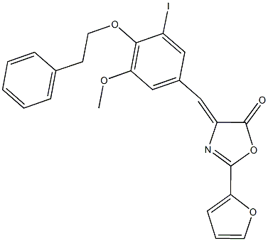 2-(2-furyl)-4-[3-iodo-5-methoxy-4-(2-phenylethoxy)benzylidene]-1,3-oxazol-5(4H)-one Struktur