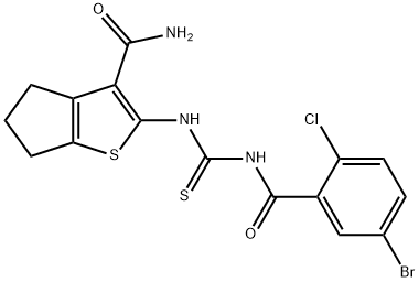 2-({[(5-bromo-2-chlorobenzoyl)amino]carbothioyl}amino)-5,6-dihydro-4H-cyclopenta[b]thiophene-3-carboxamide Struktur