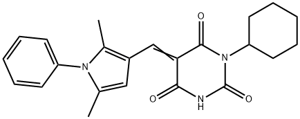 1-cyclohexyl-5-[(2,5-dimethyl-1-phenyl-1H-pyrrol-3-yl)methylene]-2,4,6(1H,3H,5H)-pyrimidinetrione Struktur