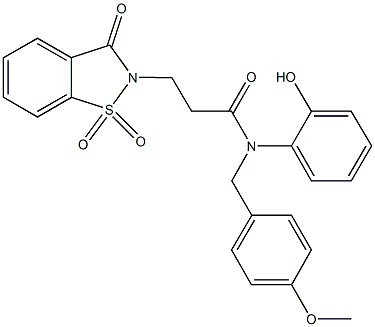 3-(1,1-dioxido-3-oxo-1,2-benzisothiazol-2(3H)-yl)-N-(2-hydroxyphenyl)-N-(4-methoxybenzyl)propanamide Struktur