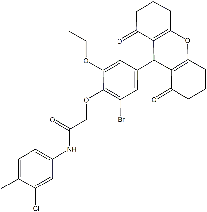 2-[2-bromo-4-(1,8-dioxo-2,3,4,5,6,7,8,9-octahydro-1H-xanthen-9-yl)-6-ethoxyphenoxy]-N-(3-chloro-4-methylphenyl)acetamide Struktur