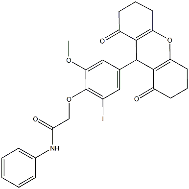 2-[4-(1,8-dioxo-2,3,4,5,6,7,8,9-octahydro-1H-xanthen-9-yl)-2-iodo-6-methoxyphenoxy]-N-phenylacetamide Struktur