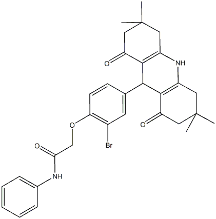 2-[2-bromo-4-(3,3,6,6-tetramethyl-1,8-dioxo-1,2,3,4,5,6,7,8,9,10-decahydro-9-acridinyl)phenoxy]-N-phenylacetamide Struktur