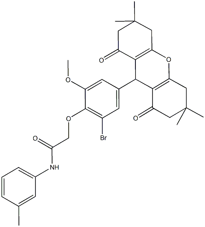 2-[2-bromo-6-methoxy-4-(3,3,6,6-tetramethyl-1,8-dioxo-2,3,4,5,6,7,8,9-octahydro-1H-xanthen-9-yl)phenoxy]-N-(3-methylphenyl)acetamide Struktur