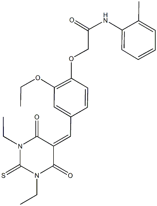 2-{4-[(1,3-diethyl-4,6-dioxo-2-thioxotetrahydro-5(2H)-pyrimidinylidene)methyl]-2-ethoxyphenoxy}-N-(2-methylphenyl)acetamide Struktur