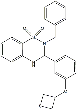 3-(2-benzyl-1,1-dioxido-3,4-dihydro-2H-1,2,4-benzothiadiazin-3-yl)phenyl 3-thietanyl ether Struktur