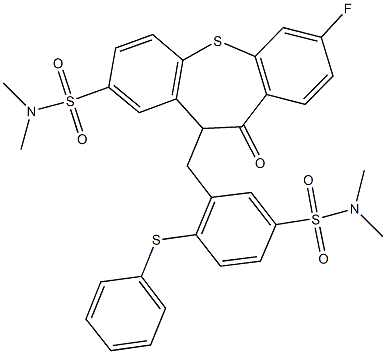 11-[5-[(dimethylamino)sulfonyl]-2-(phenylsulfanyl)benzyl]-7-fluoro-N,N-dimethyl-10-oxo-10,11-dihydrodibenzo[b,f]thiepine-2-sulfonamide Struktur