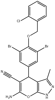 6-amino-4-{3,5-dibromo-4-[(2-chlorobenzyl)oxy]phenyl}-3-methyl-1,4-dihydropyrano[2,3-c]pyrazole-5-carbonitrile Struktur