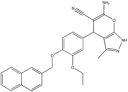 6-amino-4-[3-ethoxy-4-(2-naphthylmethoxy)phenyl]-3-methyl-1,4-dihydropyrano[2,3-c]pyrazole-5-carbonitrile Struktur