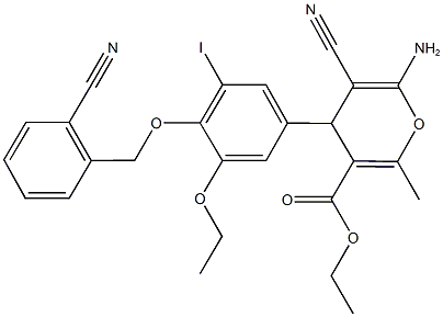 ethyl 6-amino-5-cyano-4-{4-[(2-cyanobenzyl)oxy]-3-ethoxy-5-iodophenyl}-2-methyl-4H-pyran-3-carboxylate Struktur