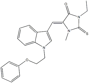 3-ethyl-1-methyl-5-{[1-(2-phenoxyethyl)-1H-indol-3-yl]methylene}-2-thioxo-4-imidazolidinone Struktur