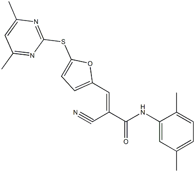 2-cyano-N-(2,5-dimethylphenyl)-3-{5-[(4,6-dimethyl-2-pyrimidinyl)sulfanyl]-2-furyl}acrylamide Struktur