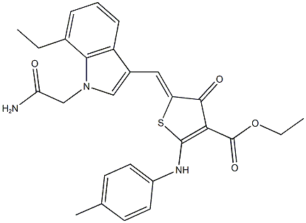 ethyl 5-{[1-(2-amino-2-oxoethyl)-7-ethyl-1H-indol-3-yl]methylene}-4-oxo-2-(4-toluidino)-4,5-dihydro-3-thiophenecarboxylate Struktur