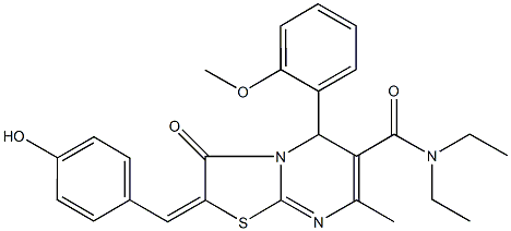 N,N-diethyl-2-(4-hydroxybenzylidene)-5-(2-methoxyphenyl)-7-methyl-3-oxo-2,3-dihydro-5H-[1,3]thiazolo[3,2-a]pyrimidine-6-carboxamide Struktur