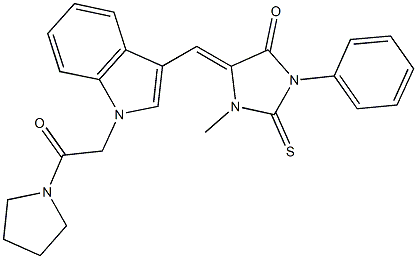 1-methyl-5-({1-[2-oxo-2-(1-pyrrolidinyl)ethyl]-1H-indol-3-yl}methylene)-3-phenyl-2-thioxo-4-imidazolidinone Struktur