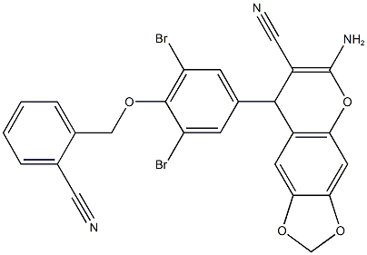 6-amino-8-{3,5-dibromo-4-[(2-cyanobenzyl)oxy]phenyl}-8H-[1,3]dioxolo[4,5-g]chromene-7-carbonitrile Struktur