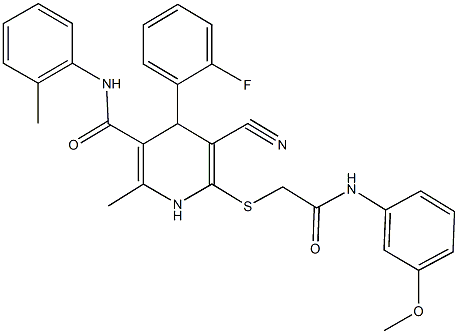 5-cyano-4-(2-fluorophenyl)-6-{[2-(3-methoxyanilino)-2-oxoethyl]sulfanyl}-2-methyl-N-(2-methylphenyl)-1,4-dihydro-3-pyridinecarboxamide Struktur