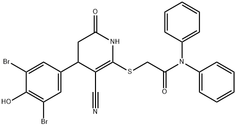 2-{[3-cyano-4-(3,5-dibromo-4-hydroxyphenyl)-6-oxo-1,4,5,6-tetrahydro-2-pyridinyl]sulfanyl}-N,N-diphenylacetamide Struktur