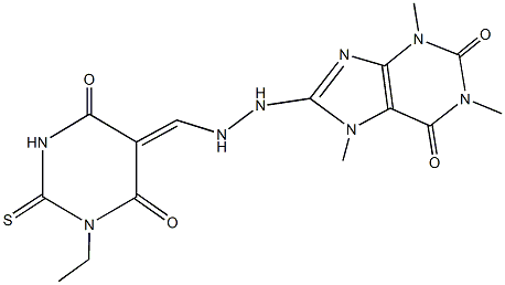 8-{2-[(1-ethyl-4,6-dioxo-2-thioxotetrahydro-5(2H)-pyrimidinylidene)methyl]hydrazino}-1,3,7-trimethyl-3,7-dihydro-1H-purine-2,6-dione Struktur