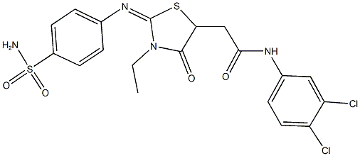 2-(2-{[4-(aminosulfonyl)phenyl]imino}-3-ethyl-4-oxo-1,3-thiazolidin-5-yl)-N-(3,4-dichlorophenyl)acetamide Struktur