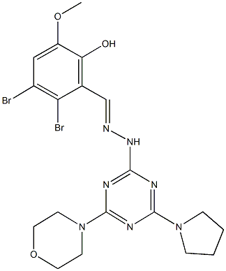 2,3-dibromo-6-hydroxy-5-methoxybenzaldehyde [4-(4-morpholinyl)-6-(1-pyrrolidinyl)-1,3,5-triazin-2-yl]hydrazone Struktur