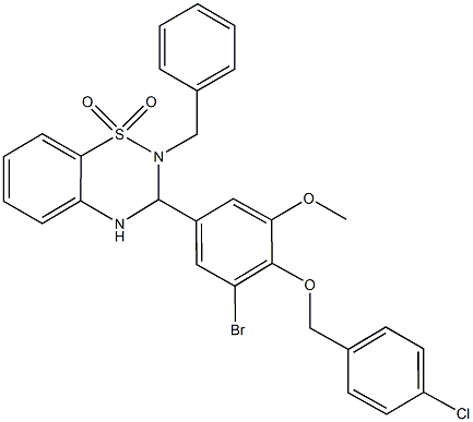 2-benzyl-3-{3-bromo-4-[(4-chlorobenzyl)oxy]-5-methoxyphenyl}-3,4-dihydro-2H-1,2,4-benzothiadiazine 1,1-dioxide Struktur