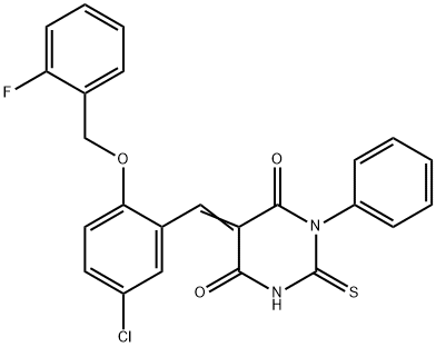 5-{5-chloro-2-[(2-fluorobenzyl)oxy]benzylidene}-1-phenyl-2-thioxodihydro-4,6(1H,5H)-pyrimidinedione Struktur