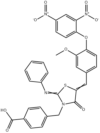 4-{[5-(4-{2,4-bisnitrophenoxy}-3-methoxybenzylidene)-4-oxo-2-(phenylimino)-1,3-thiazolidin-3-yl]methyl}benzoic acid Struktur