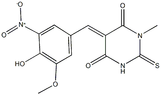 5-{4-hydroxy-3-nitro-5-methoxybenzylidene}-1-methyl-2-thioxodihydropyrimidine-4,6(1H,5H)-dione Struktur