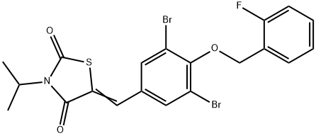 5-{3,5-dibromo-4-[(2-fluorobenzyl)oxy]benzylidene}-3-isopropyl-1,3-thiazolidine-2,4-dione Struktur