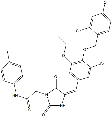 2-(4-{3-bromo-4-[(2,4-dichlorobenzyl)oxy]-5-ethoxybenzylidene}-2,5-dioxoimidazolidin-1-yl)-N-(4-methylphenyl)acetamide Struktur