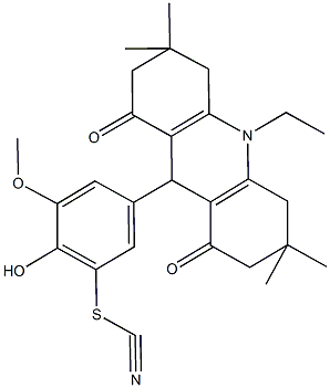 5-(10-ethyl-3,3,6,6-tetramethyl-1,8-dioxo-1,2,3,4,5,6,7,8,9,10-decahydro-9-acridinyl)-2-hydroxy-3-methoxyphenyl thiocyanate Struktur