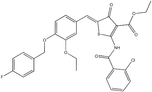 ethyl 2-[(2-chlorobenzoyl)amino]-5-{3-ethoxy-4-[(4-fluorobenzyl)oxy]benzylidene}-4-oxo-4,5-dihydro-3-thiophenecarboxylate Struktur