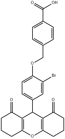 4-{[2-bromo-4-(1,8-dioxo-2,3,4,5,6,7,8,9-octahydro-1H-xanthen-9-yl)phenoxy]methyl}benzoic acid Struktur