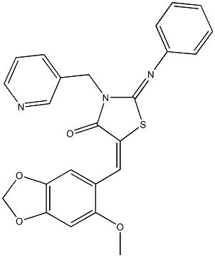 5-[(6-methoxy-1,3-benzodioxol-5-yl)methylene]-2-(phenylimino)-3-(3-pyridinylmethyl)-1,3-thiazolidin-4-one Struktur