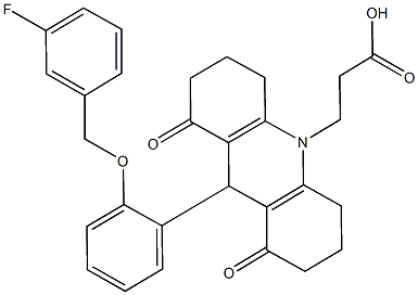 3-(9-{2-[(3-fluorobenzyl)oxy]phenyl}-1,8-dioxo-2,3,4,5,6,7,8,9-octahydro-10(1H)-acridinyl)propanoic acid Struktur