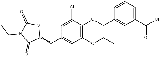 3-({2-chloro-6-ethoxy-4-[(3-ethyl-2,4-dioxo-1,3-thiazolidin-5-ylidene)methyl]phenoxy}methyl)benzoic acid Struktur