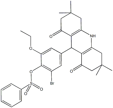 2-bromo-6-ethoxy-4-(3,3,6,6-tetramethyl-1,8-dioxo-1,2,3,4,5,6,7,8,9,10-decahydro-9-acridinyl)phenyl benzenesulfonate Struktur