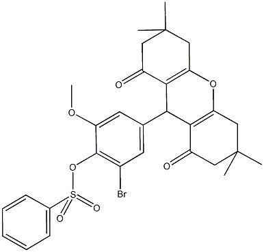 2-bromo-6-methoxy-4-(3,3,6,6-tetramethyl-1,8-dioxo-2,3,4,5,6,7,8,9-octahydro-1H-xanthen-9-yl)phenyl benzenesulfonate Struktur