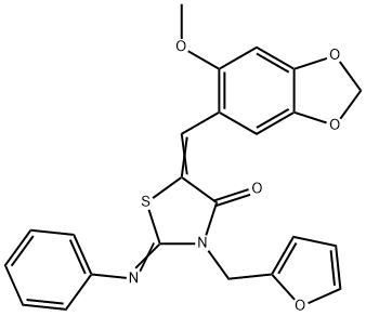 3-(2-furylmethyl)-5-[(6-methoxy-1,3-benzodioxol-5-yl)methylene]-2-(phenylimino)-1,3-thiazolidin-4-one Struktur