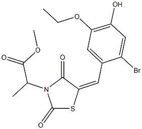 methyl 2-[5-(2-bromo-5-ethoxy-4-hydroxybenzylidene)-2,4-dioxo-1,3-thiazolidin-3-yl]propanoate Struktur