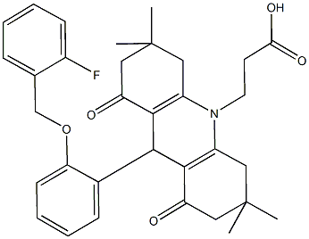 3-(9-{2-[(2-fluorobenzyl)oxy]phenyl}-3,3,6,6-tetramethyl-1,8-dioxo-2,3,4,5,6,7,8,9-octahydro-10(1H)-acridinyl)propanoic acid Struktur