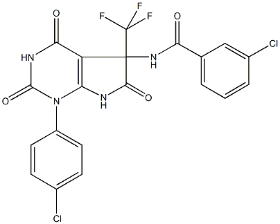 3-chloro-N-[1-(4-chlorophenyl)-2,4,6-trioxo-5-(trifluoromethyl)-2,3,4,5,6,7-hexahydro-1H-pyrrolo[2,3-d]pyrimidin-5-yl]benzamide Struktur