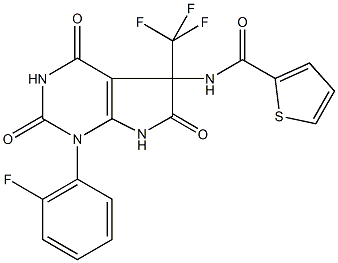 N-[1-(2-fluorophenyl)-2,4,6-trioxo-5-(trifluoromethyl)-2,3,4,5,6,7-hexahydro-1H-pyrrolo[2,3-d]pyrimidin-5-yl]-2-thiophenecarboxamide Struktur