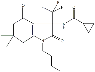 N-[1-butyl-6,6-dimethyl-2,4-dioxo-3-(trifluoromethyl)-2,3,4,5,6,7-hexahydro-1H-indol-3-yl]cyclopropanecarboxamide Struktur