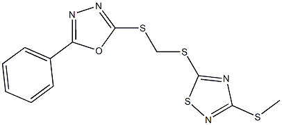 2-[({[3-(methylsulfanyl)-1,2,4-thiadiazol-5-yl]sulfanyl}methyl)sulfanyl]-5-phenyl-1,3,4-oxadiazole Struktur