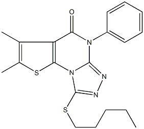 2,3-dimethyl-8-(pentylsulfanyl)-5-phenylthieno[3,2-e][1,2,4]triazolo[4,3-a]pyrimidin-4(5H)-one Struktur