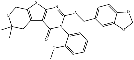 2-[(1,3-benzodioxol-5-ylmethyl)sulfanyl]-3-(2-methoxyphenyl)-6,6-dimethyl-3,5,6,8-tetrahydro-4H-pyrano[4',3':4,5]thieno[2,3-d]pyrimidin-4-one Struktur