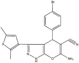 6-amino-4-(4-bromophenyl)-3-(2,5-dimethyl-3-thienyl)-1,4-dihydropyrano[2,3-c]pyrazole-5-carbonitrile Struktur